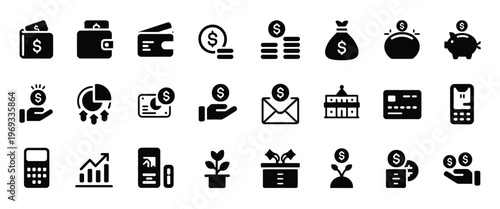 Money, finance icon collection with banking, payments, savings, investment, and income symbols, perfect for fintech, accounting, business dashboards, and corporate vector design.
