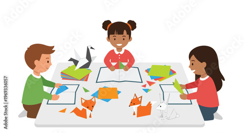 Three diverse children are sitting at a table together, happily engaged in the creative craft of making colorful origami animals from paper.