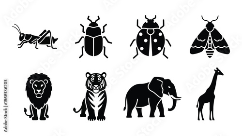 A collection of diverse animal icons including insects a lion tiger elephant and giraffe in black silhouette high quality professional detailed