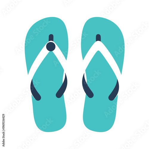 Pair of teal flip-flops with white straps and dark blue accents, isolated on white