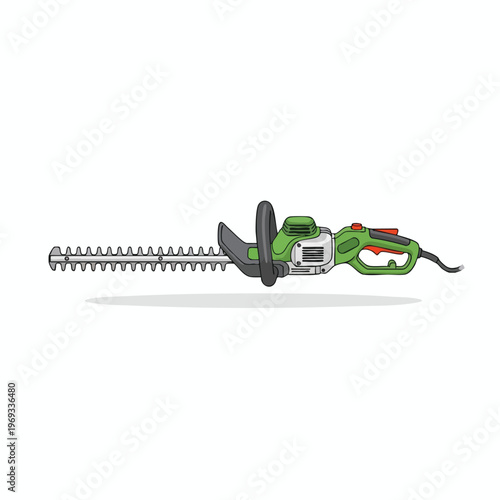 Green electric hedge trimmer with serrated blade, handle, and cord