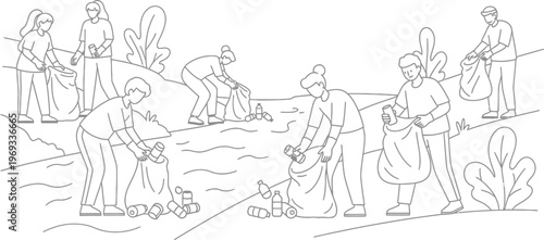 People collecting trash and putting it into bags on a beach