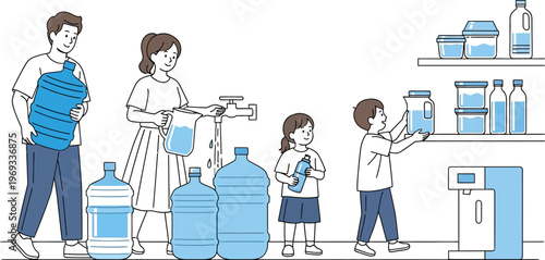 Family collecting and storing water in large bottles and containers at home