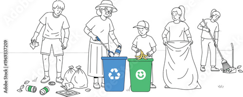 People of different ages collecting trash and recycling in a community park