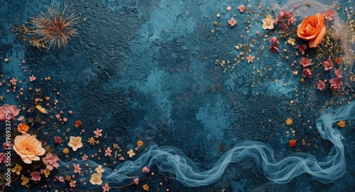 Textured abstract surface adorned with colorful fireworks, delicate flowers, and flowing smoke