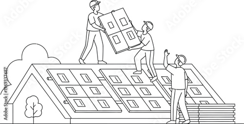 Workers installing solar panels on a house roof with teamwork