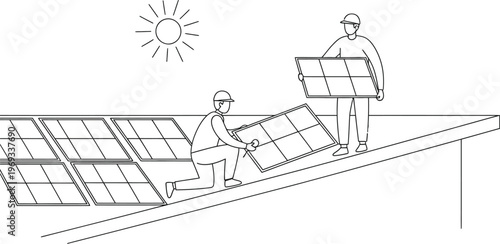 Workers installing solar panels on a roof for renewable energy