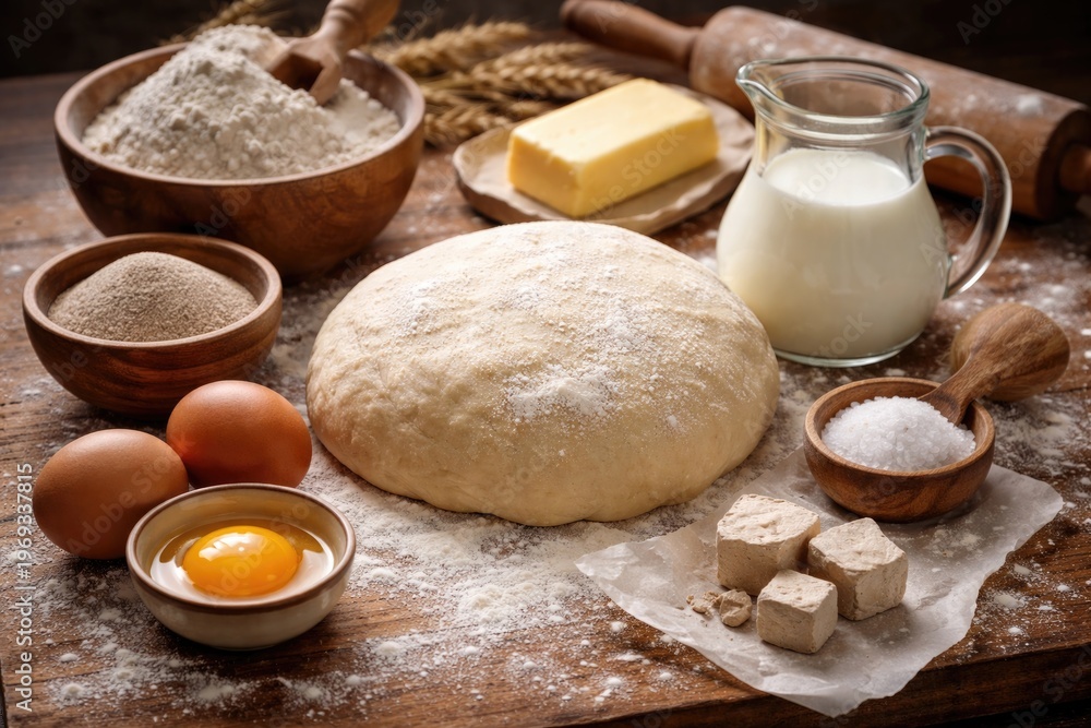 Fototapeta premium Fresh Baking Ingredients with Yeast Dough, Eggs, and Milk on Wooden Board