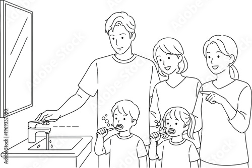 Family brushing teeth together in bathroom with sink and mirror