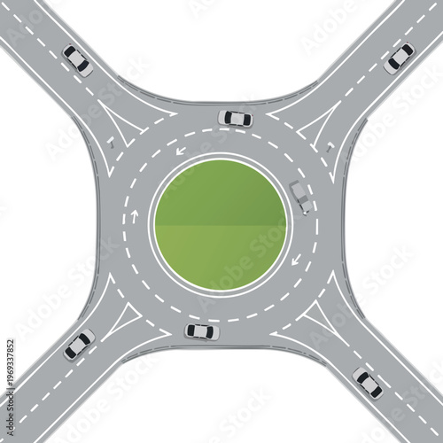 Aerial view of a circular intersection with cars navigating its lanes