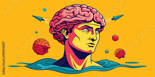 Surreal collage of a classical bust with a floating brain on a yellow background