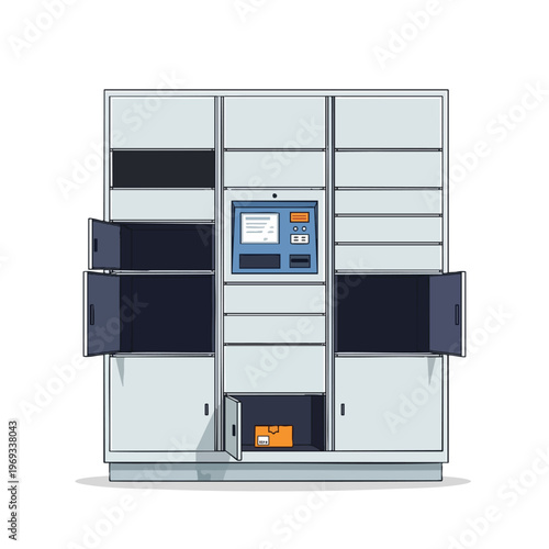 A modular locker system with a digital interface and open compartments containing a package