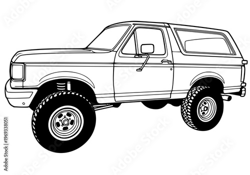 Vintage classic off-road SUV line art illustration, retro 4x4 lifted truck adventure vehicle