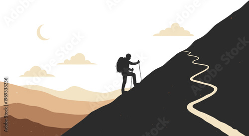 Silhouette of a hiker ascending a mountain peak with scenic landscape