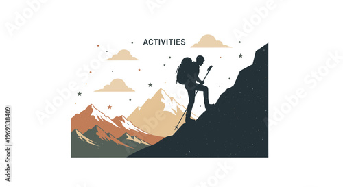 Silhouette of a hiker climbing a mountain under a starry sky