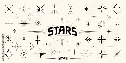 Vintage style illustration featuring a variety of black star shapes and text