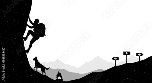 Silhouette of a hiker climbing a mountain with a dog and directional signs