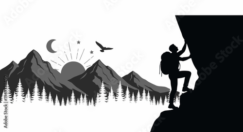 Silhouette of a hiker climbing a mountain under a sunset sky