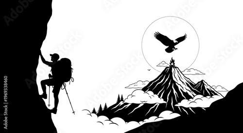 Silhouette of a hiker climbing a mountain with an eagle flying above