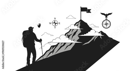 Silhouette of a hiker climbing mountain towards flag symbolic of success