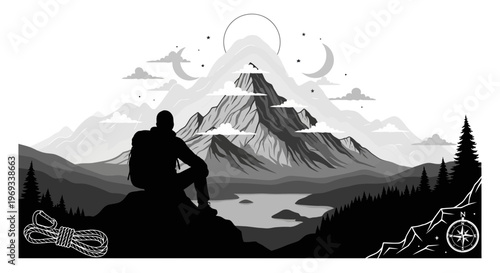 Silhouette of a hiker contemplating a mountain landscape scene