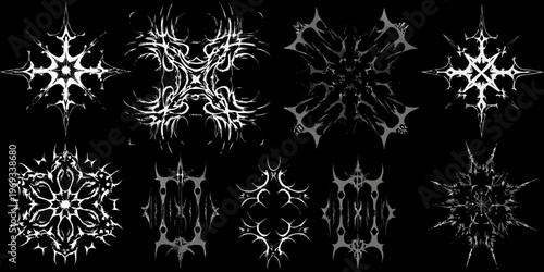 Intricate black and white designs resembling crystalline structures and sharp shapes