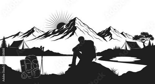 Silhouette of a hiker contemplating mountains at sunrise adventure concept