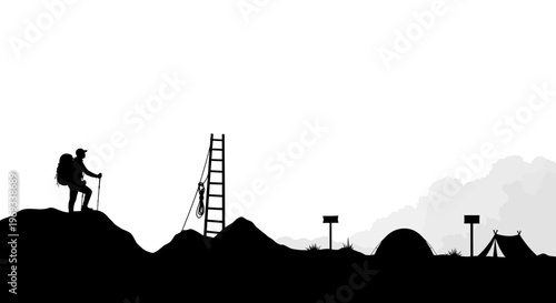 Silhouette of a hiker climbing mountains with a tent and ladder