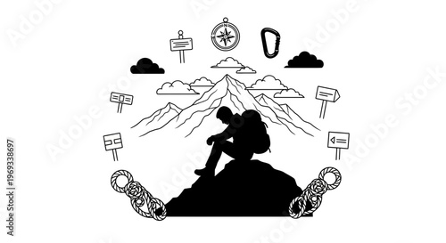 Silhouette of a hiker contemplating mountains with adventure icons