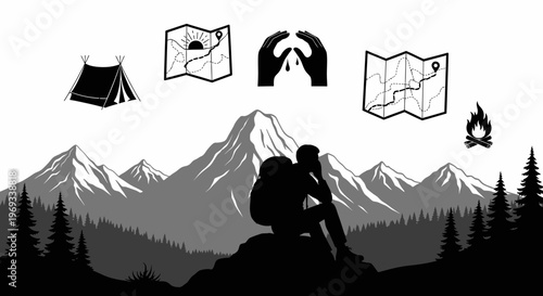 Silhouette of a hiker in nature with icons of camping and hiking