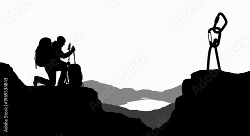 Silhouette of a hiker kneeling on a mountain with carabiner symbolizing achievement