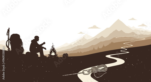 Silhouette of a hiker near a campfire with mountains in the background