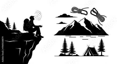 Silhouette of a hiker on a cliff and mountain camping elements
