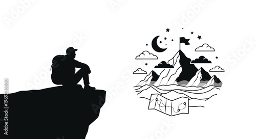 Silhouette of a hiker on a cliff contemplating a mountain and flag