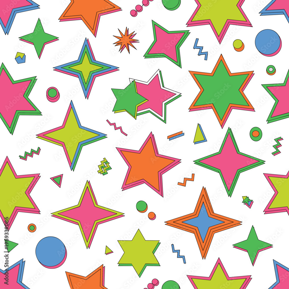 Obraz premium Star pattern with retro colorful shapes vector on white background.