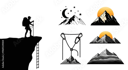 Silhouette of a hiker on a mountain peak with climbing equipment symbols