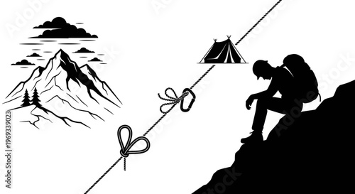 Silhouette of a hiker overlooking a mountain range with climbing gear