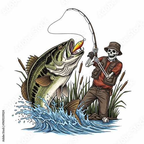 Skeleton fisherman catching largemouth bass with lure in water vintage woodcut style illustration