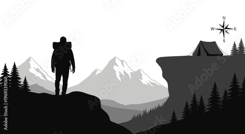 Silhouette of a hiker overlooking mountain landscape with tent and compass