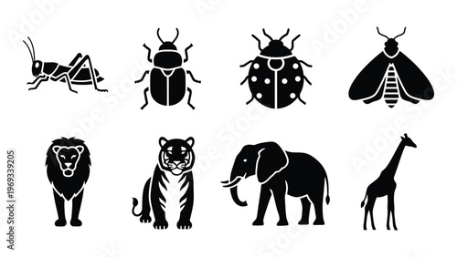 A collection of animal icons depicting insects and mammals in a stark black silhouette high quality professional detailed modern elegant stylish