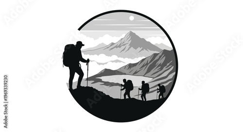 Silhouette of a hiker reaching mountain summit with a flag under the night sky