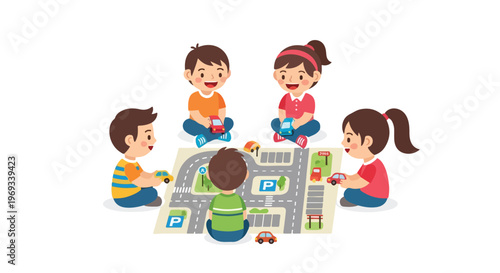 Five happy children are sitting in a circle on the floor, playing with colorful toy cars on a city road map play mat.