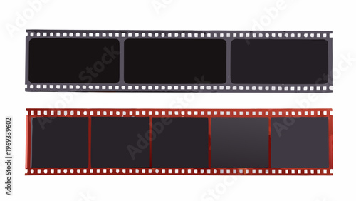 Two strips of black 35mm film negatives with sprocket holes displayed