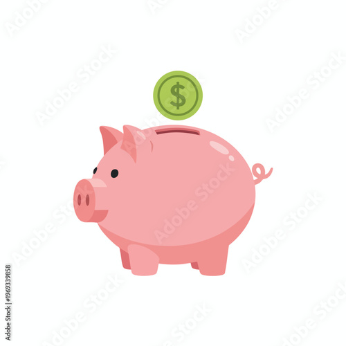 A pink piggy bank with a coin slot receives a green coin with a dollar sign
