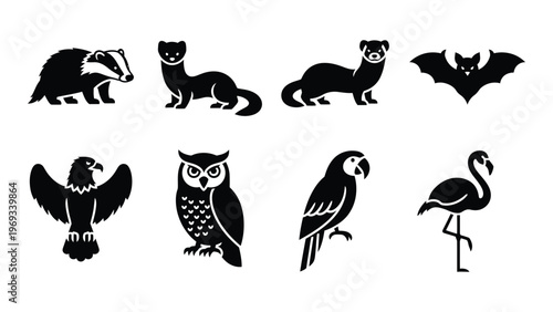 A collection of various animal silhouettes are displayed in a minimalist black and white arrangement silhouette high quality professional detailed modern