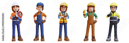 Diverse construction workers in safety gear. standing. gesturing. and holding megaphone. 3D render