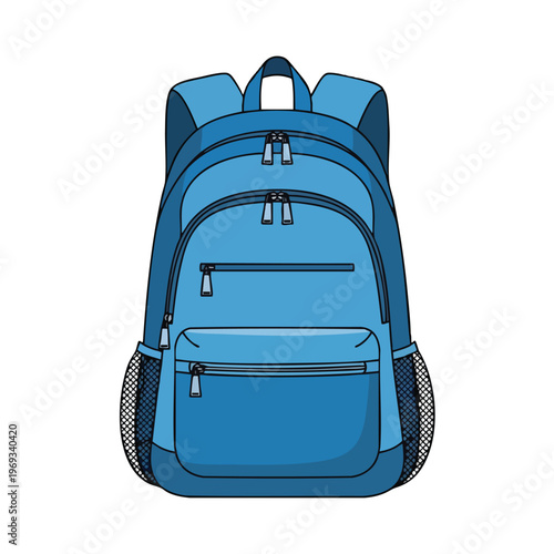 A blue backpack with multiple zippered compartments and side mesh pockets