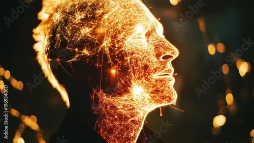 Man's silhouette with glowing neural patterns at night