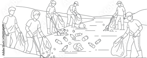 Group of people cleaning up trash on a beach with bags