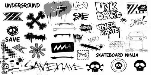 Collection of black and white graffiti and street art elements